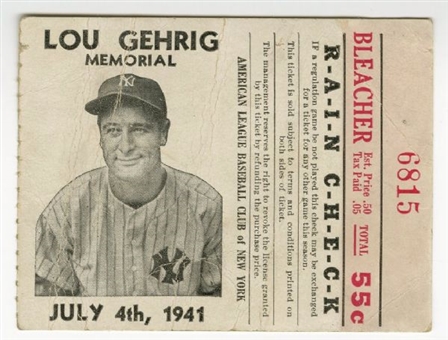 Lou Gehrig 1941 Memorial Game Ticket Stub 